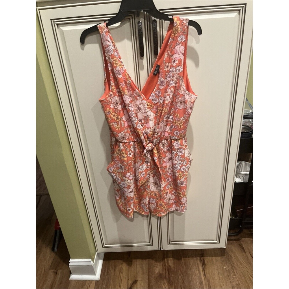Lily Rose Sleeveless Romper Orange Floral Pockets‎ Tie In Front Pockets Large